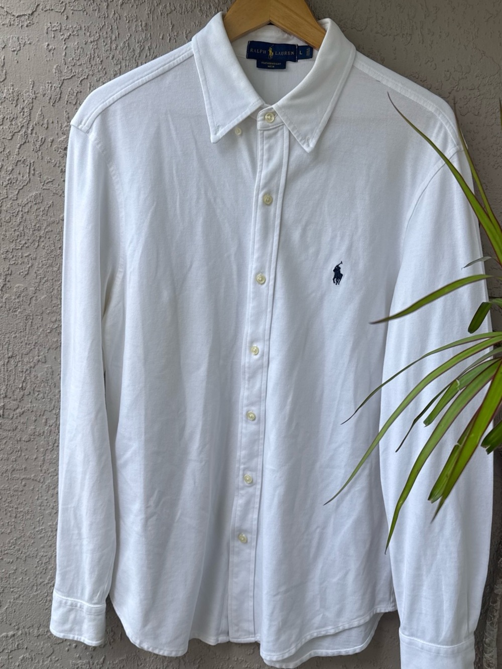 Ralph Lauren White featherweight mesh Button-Down Shirt with Navy Pony